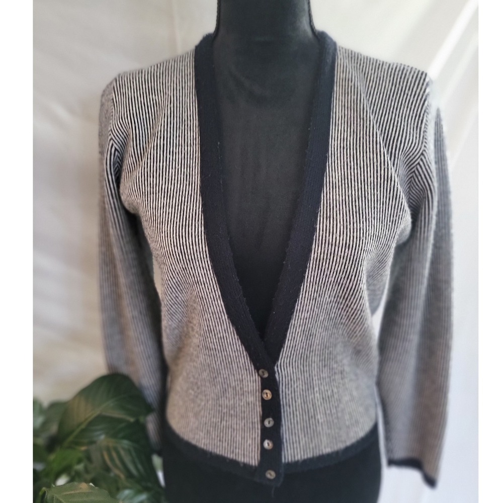 Vintage Bobbie Brooks Striped Cardigan Black White Orlon Acrylic V-Neck Sweater